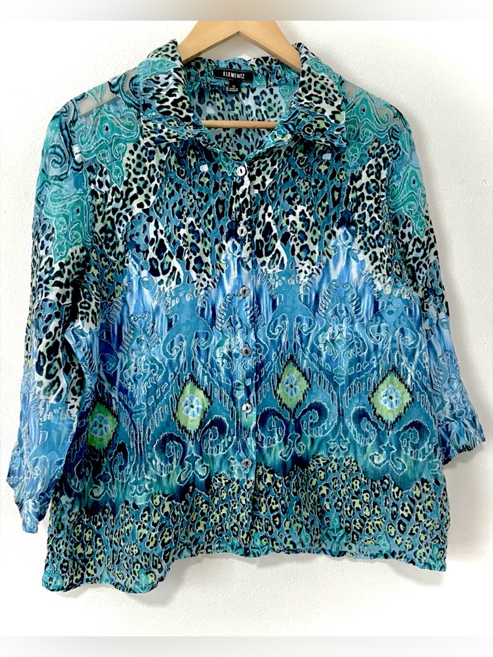 Indie Sleaze Burnout Mesh Shirt Teal Abstract Cheetah Button Front Blouse XL